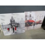 Pair of modern wall hangings depicting urban street scenes