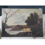 Oil on canvas 'Woodland cottage and lake' W: 100cm, H: 70cm. Condition is fair, signed Ginnell 1973