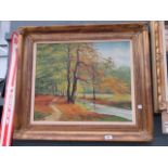 (23) Oil on canvas 'Autumn woodland with stream'