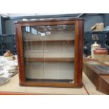 Pair of glazed walnut hanging display cabinets W: 70cm, H: 66cm, D:16cm. Height between shelves