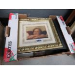 (?) Box containing modern wall hangings, print of cherub and still life with teapot