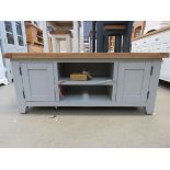 5103 (5) Mid size grey painted oak top TV audio unit with 2 shelves and 2 single cupboard doors