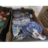 Box containing blue and white china