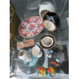 (28) Small quantity of wade whimsies plus pair of Oriental plates, floral patterned vases, salt