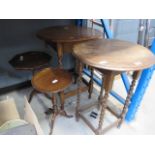 2 circular oak barley twist side tables plus 2 wine tables