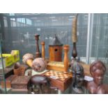 Quantity of treen inc. trinket boxes, figures, candlesticks plus carved gourd