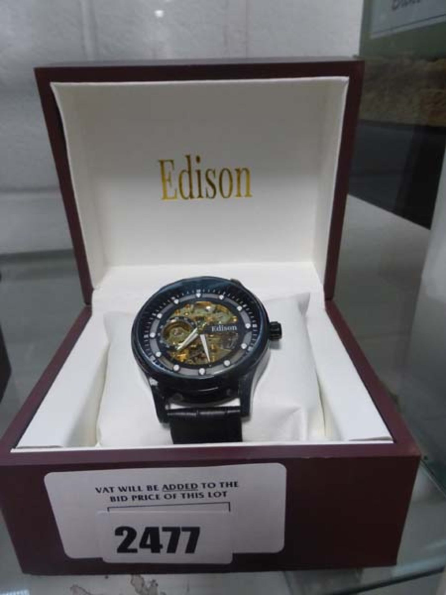 Gents open movement Edison automatic wristwatch with black leather strap in box - Image 2 of 2