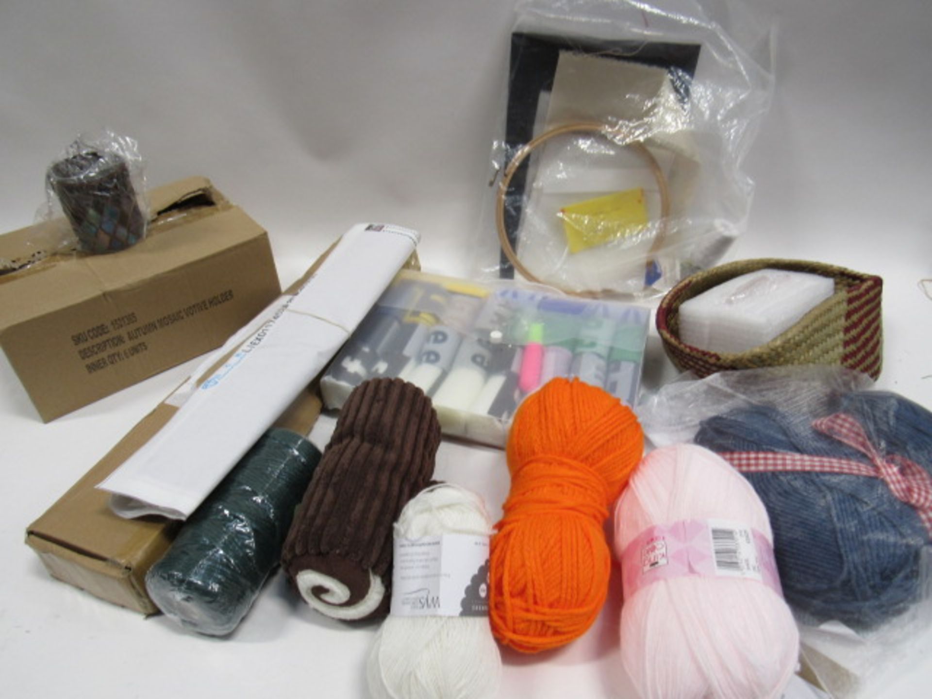 Crafting kit to include wool, Learn to Knit kit, mosaic candle holders, paint and canvas set, etc.