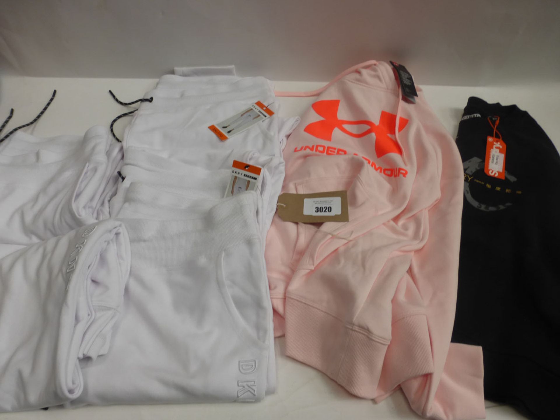 5 pairs of ladies DKNY sports joggers in white all sized XXL, ladies Under Armour pink hoodie