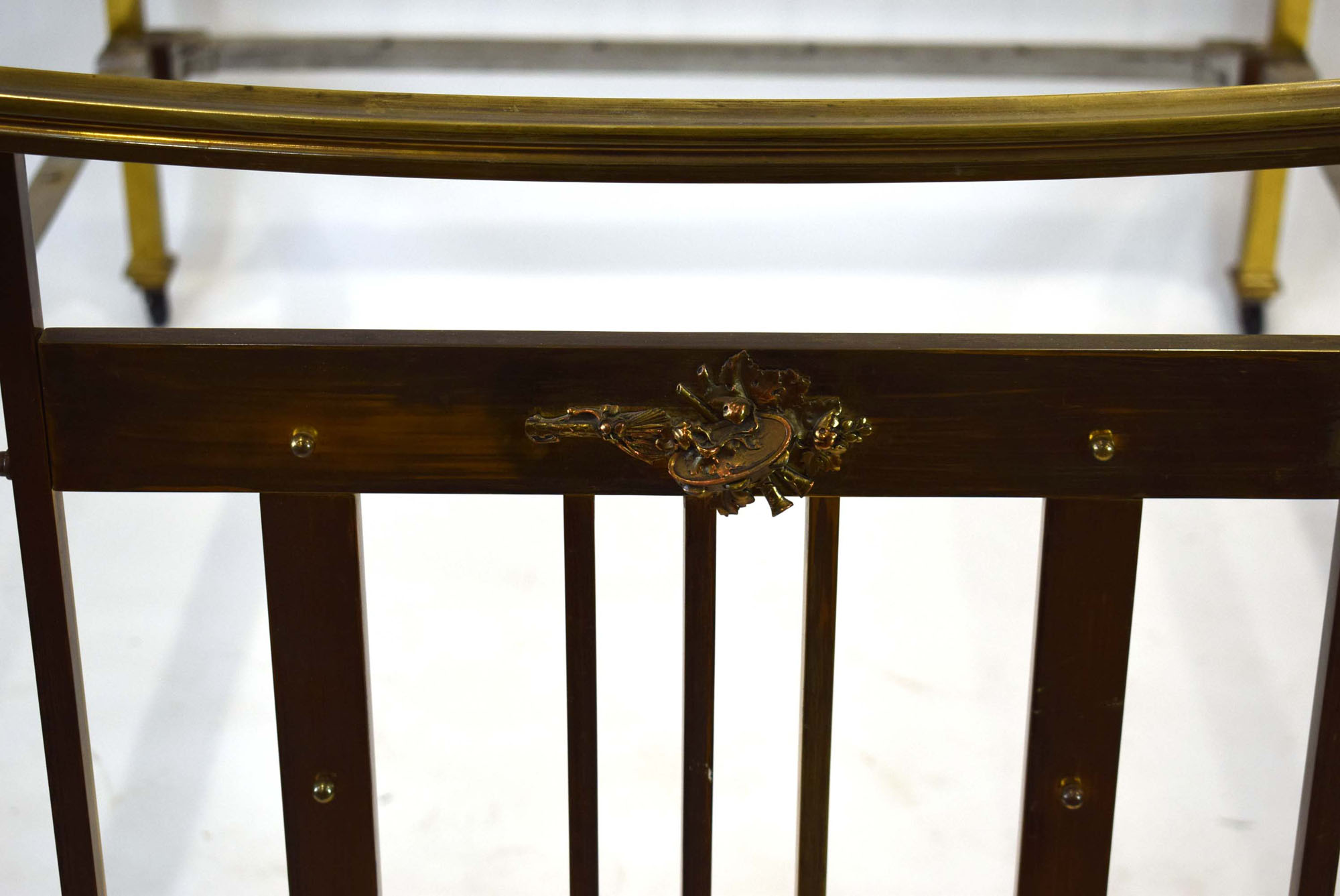 A late 19th/early 20th century brass-finished bedframe decorated with copper sections and - Image 7 of 14