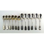 Two sets of six Victorian and later silver fiddle pattern teaspoons, various dates and makers,