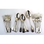 A parcel of Victorian and later silver fiddle pattern flatware comprising one table spoon,