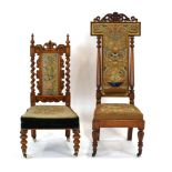 Two 19th century mahogany prie dieu prayer chairs with embroidered tapestry seats and backs and