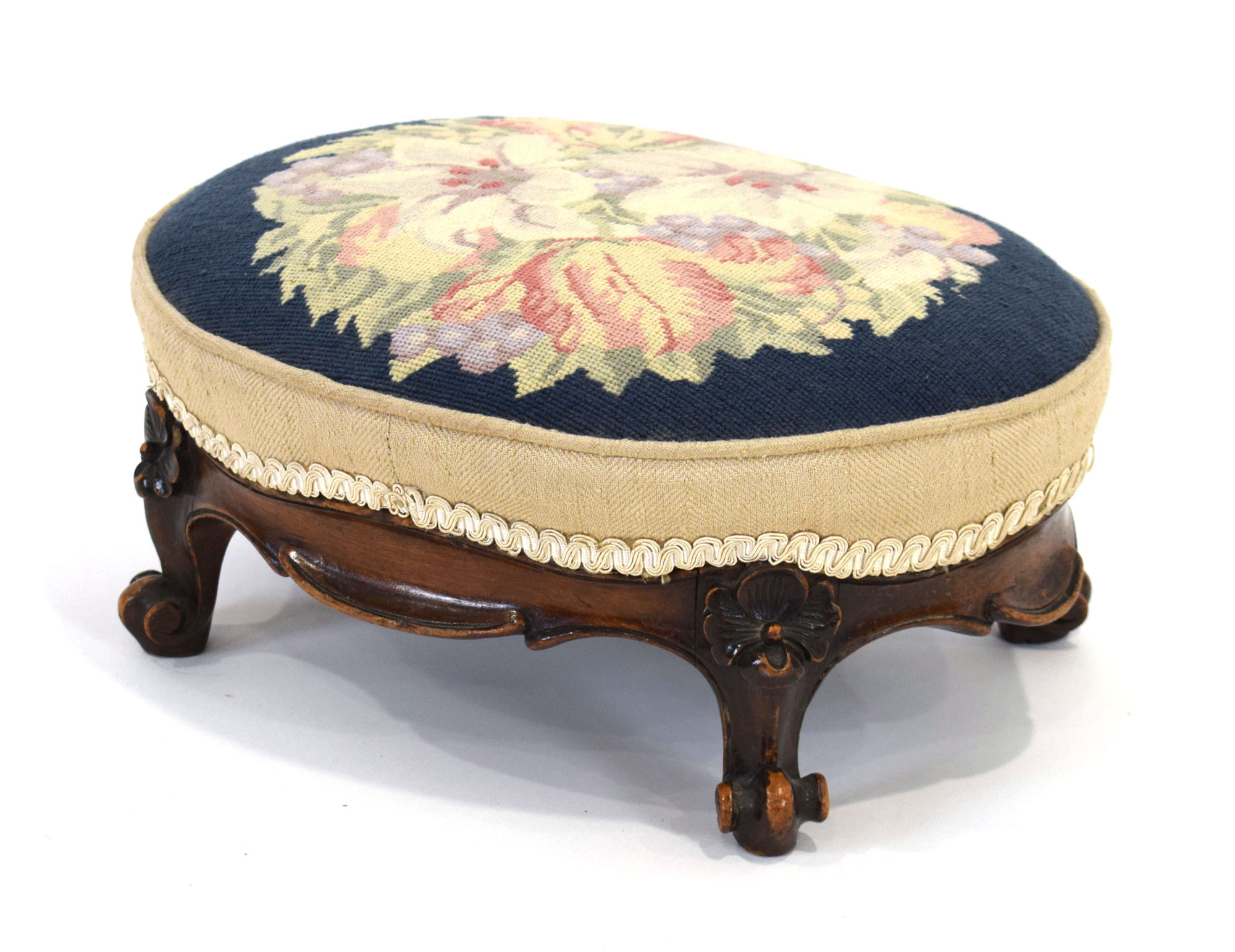 A 19th century embroidered stool with a carved walnut frame and cabriole feet CONDITION - Image 2 of 2