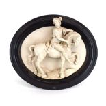 An alabaster-type wall hanging relief decorated as a 18th century gentleman and his stallion in an