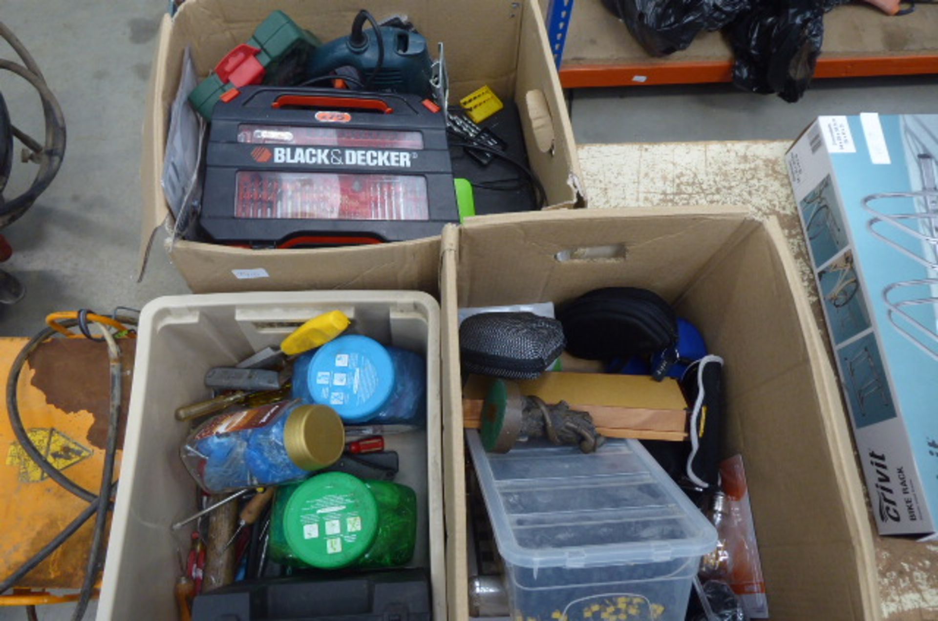 3 boxes of assorted items, to include: tools, fixings, screws, tie racks, bulbs etc - Image 2 of 2