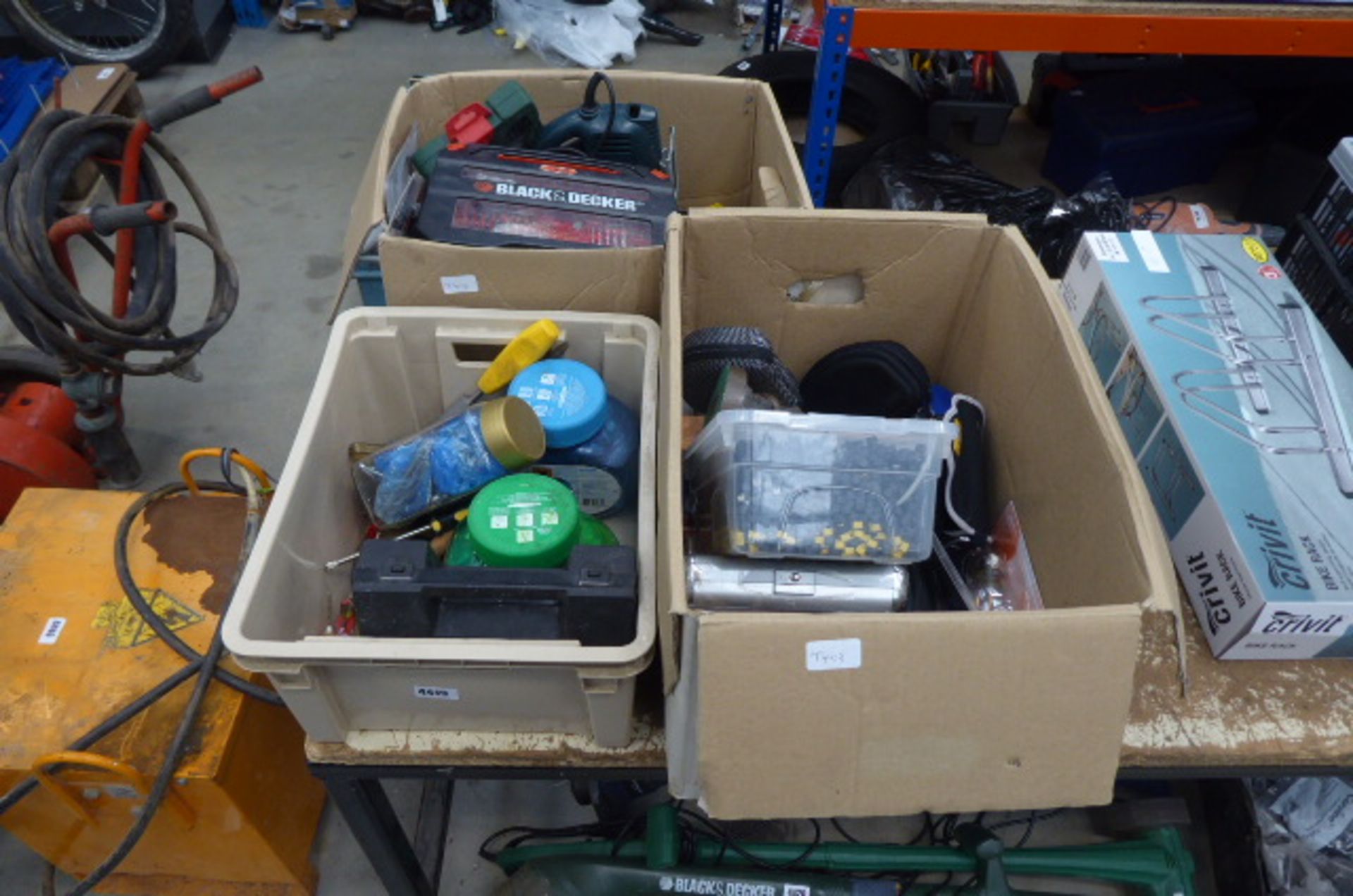 3 boxes of assorted items, to include: tools, fixings, screws, tie racks, bulbs etc