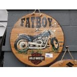 Circular wooden sign with Harley Davidson motorbike motif