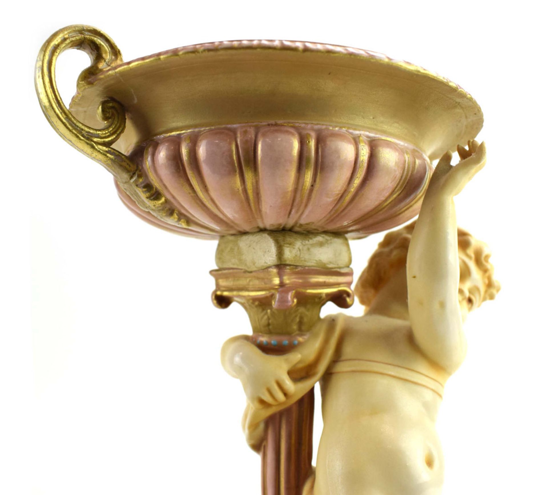 RR 368 - An ivory blush stand with urn shaped dish supported by a putti base gilt and jewel - Image 8 of 9
