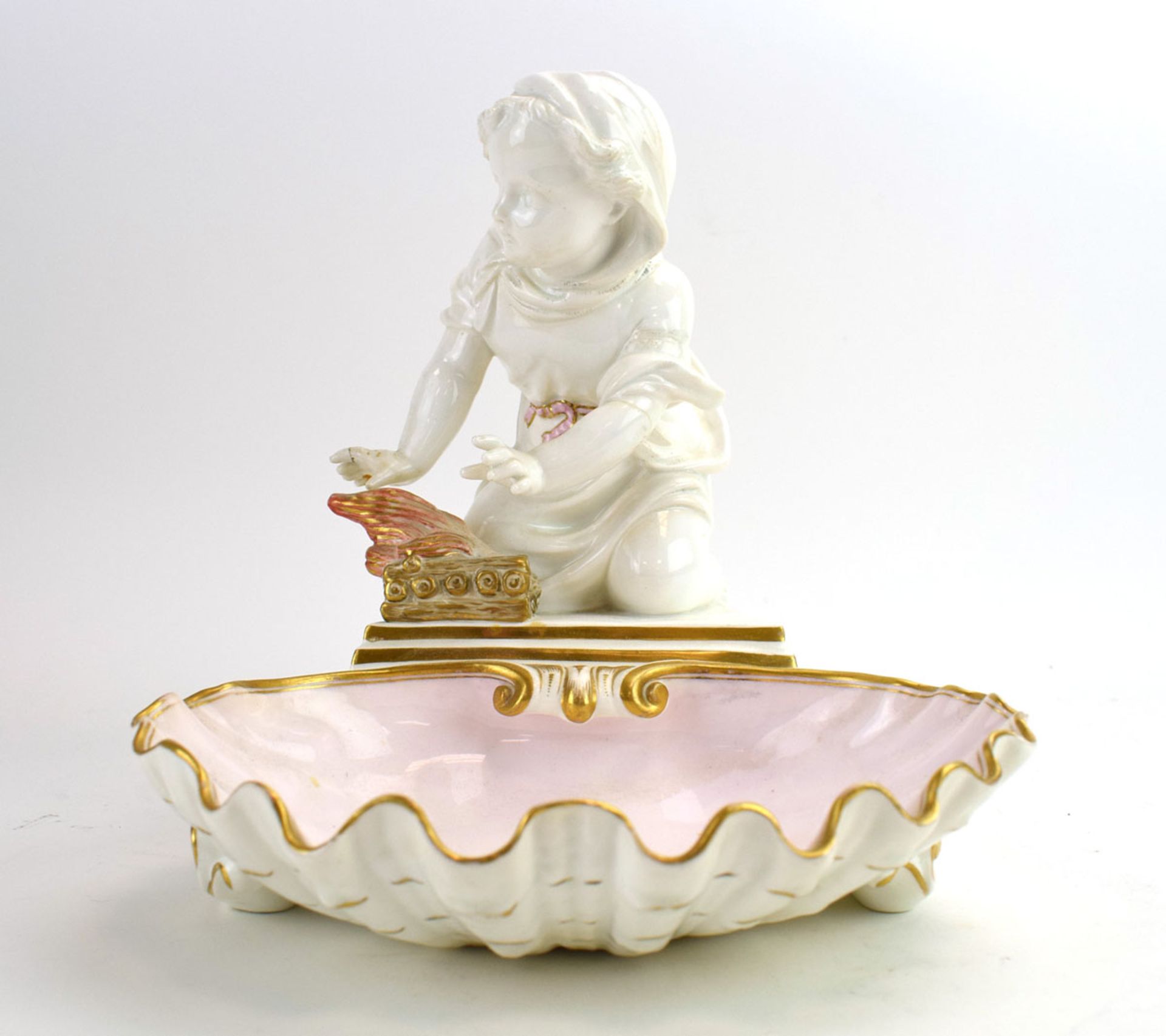 RR365 - A Copeland blanc de chine and gilt decorated shell shaped dish modelled as a child warming - Image 2 of 9