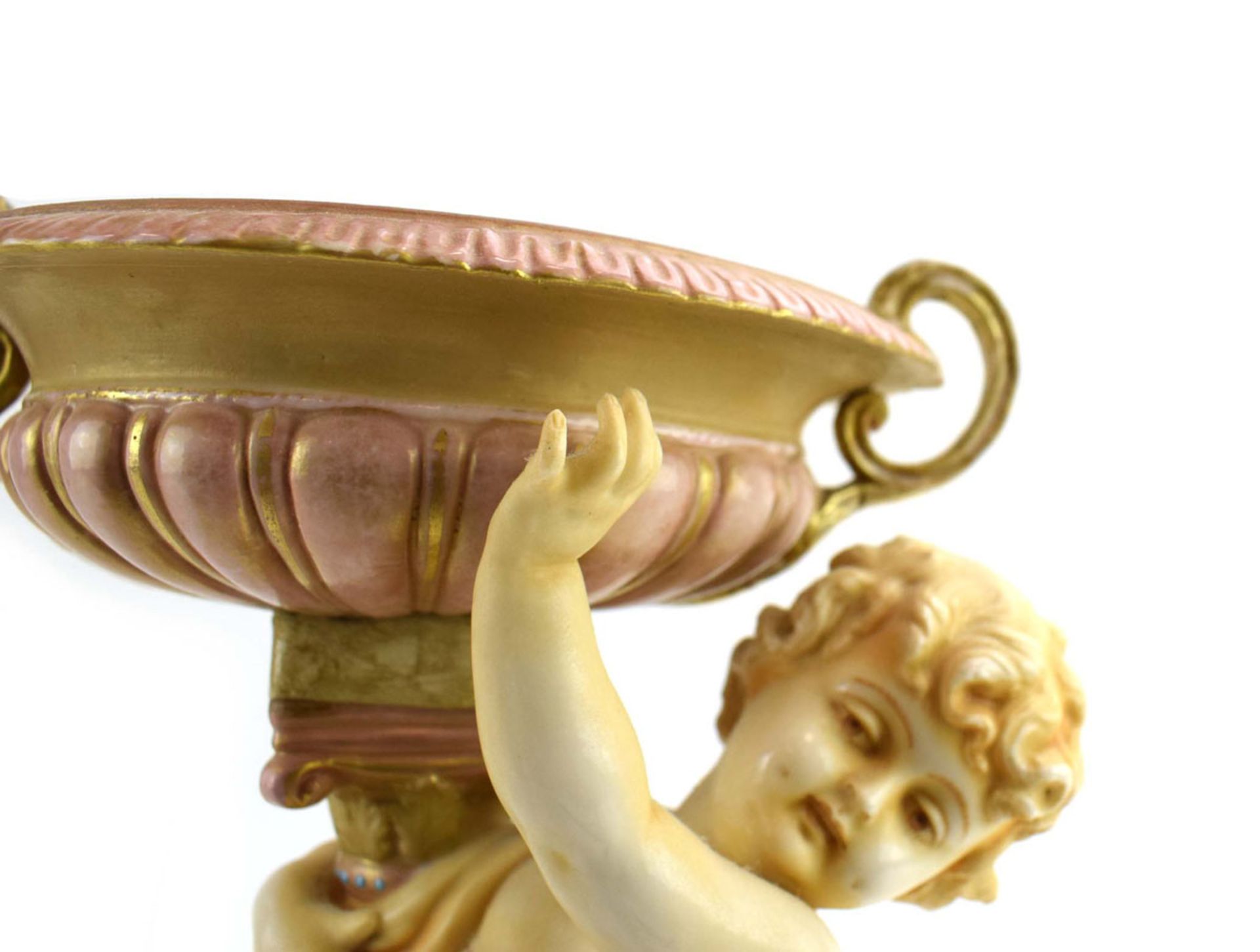 RR 368 - An ivory blush stand with urn shaped dish supported by a putti base gilt and jewel - Image 5 of 9