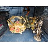 Cage containing nude ornamental figures, plus floral patterned jugs and a teapot