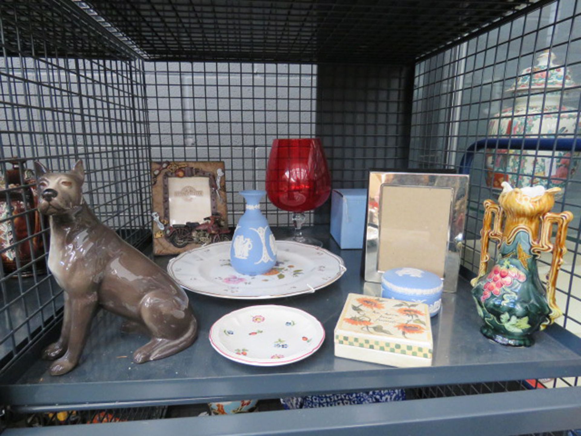 (27) Cage containing an ornamental Great Dane, Jasperware, red glass brandy snifter, Villeroy Boch