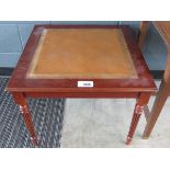 Square reproduction lamp table with brown leather surface