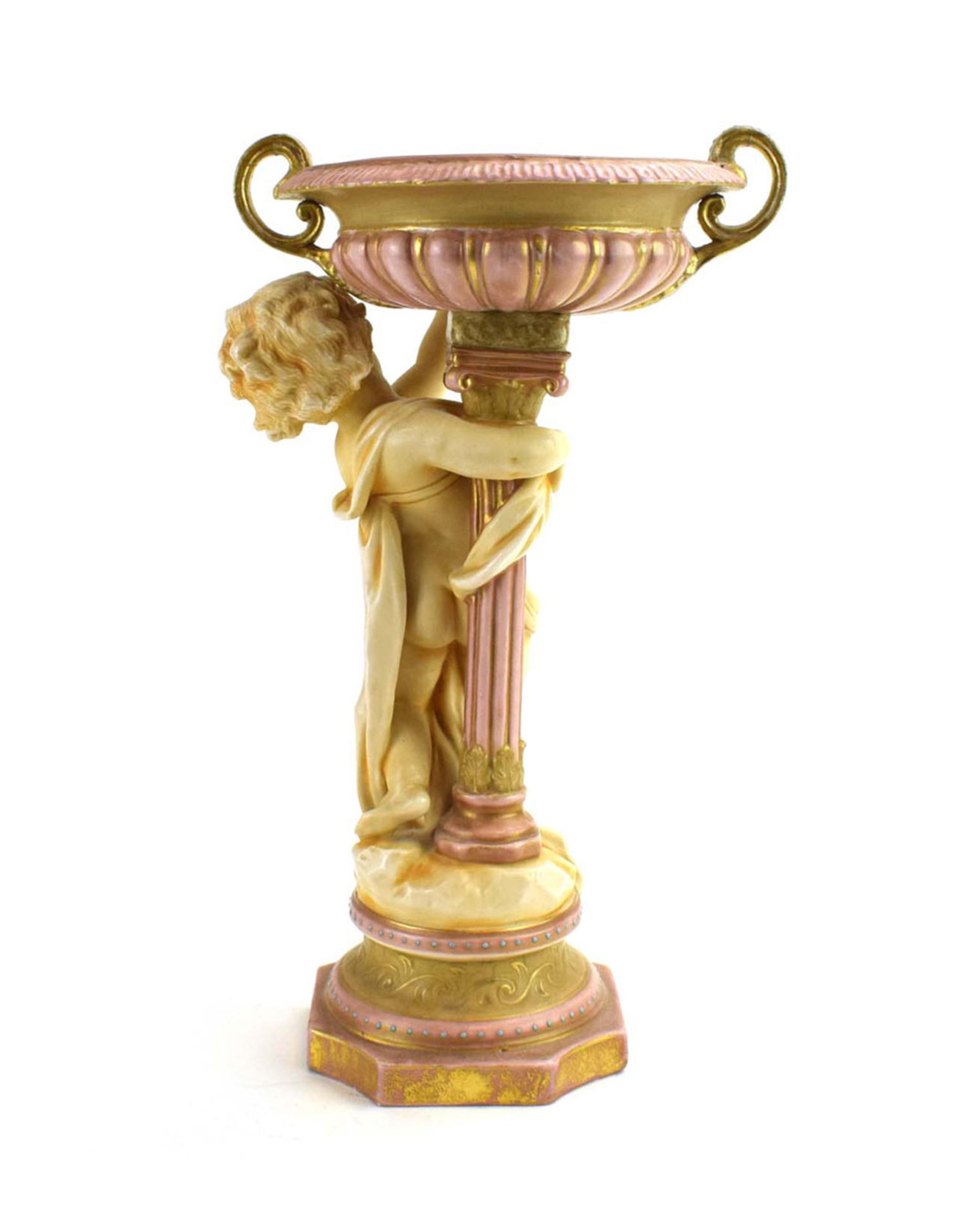 RR 368 - An ivory blush stand with urn shaped dish supported by a putti base gilt and jewel - Image 3 of 9