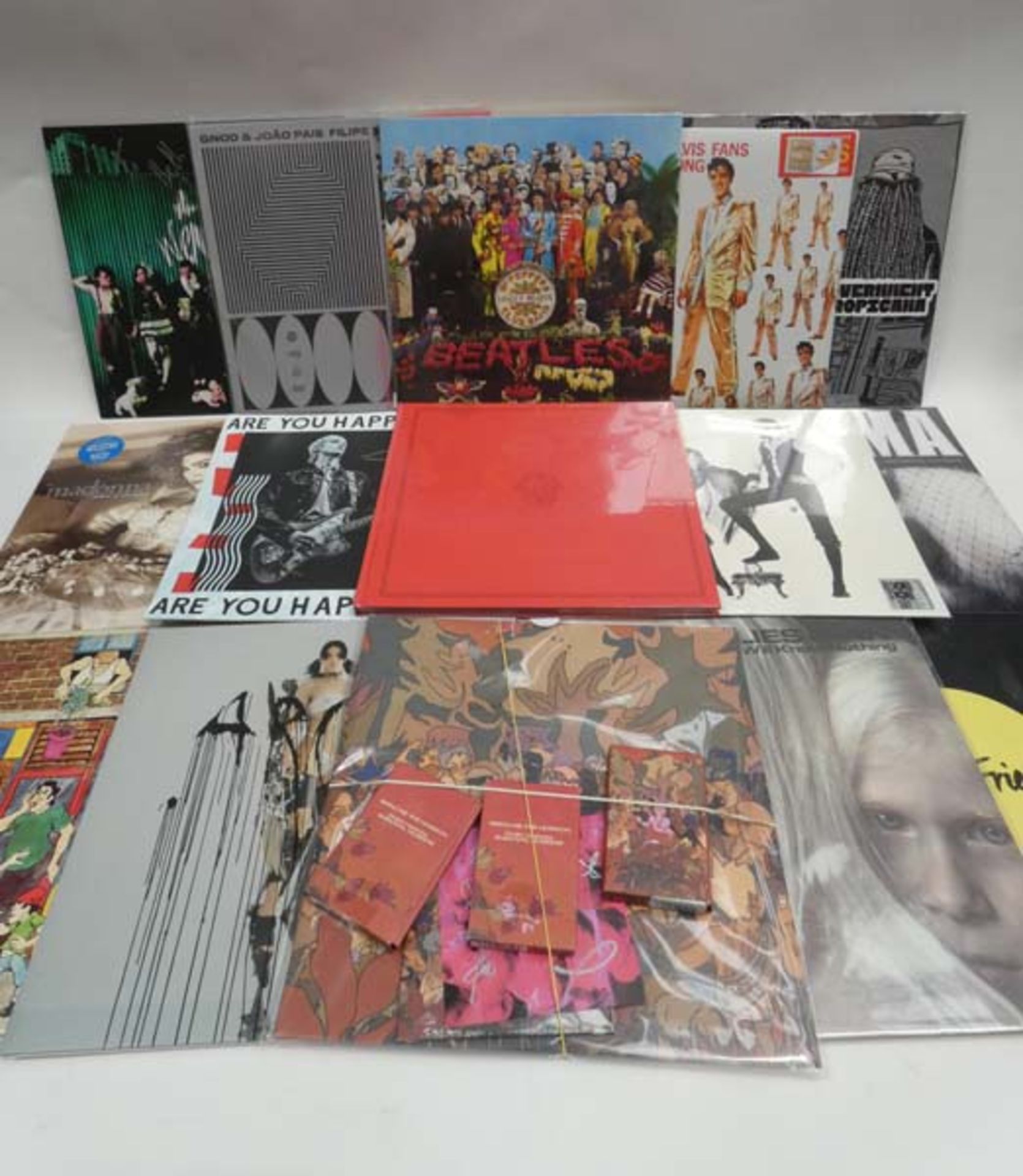 Box of LP records to include The Beatles, Madonna, Fleetwood Mac, Elvis and others
