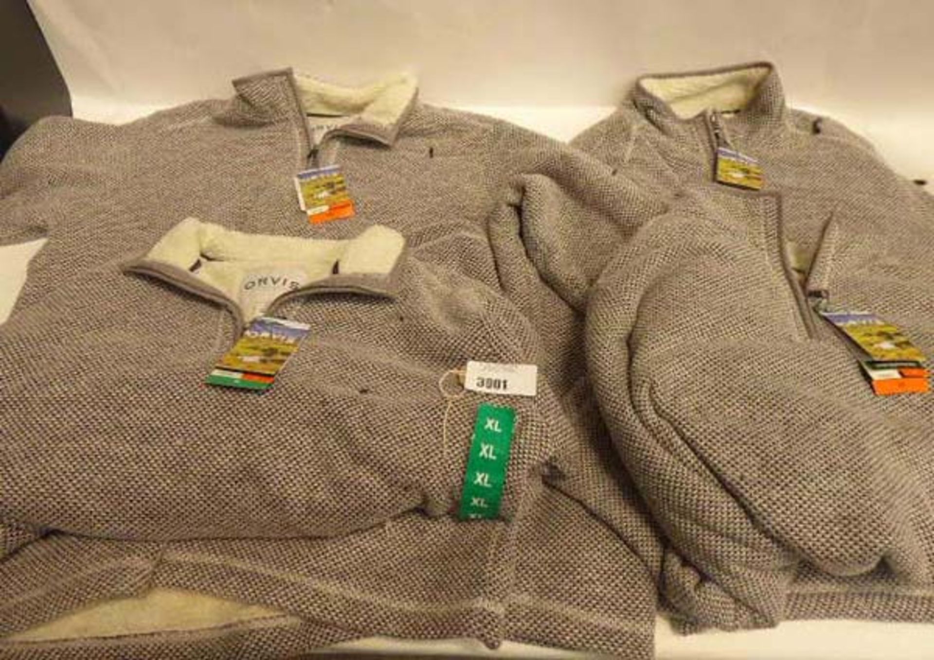 4 Mens Orvis quarter zipped fleeces in XXL, XL, XL and XXL. All contain pulls in fleece