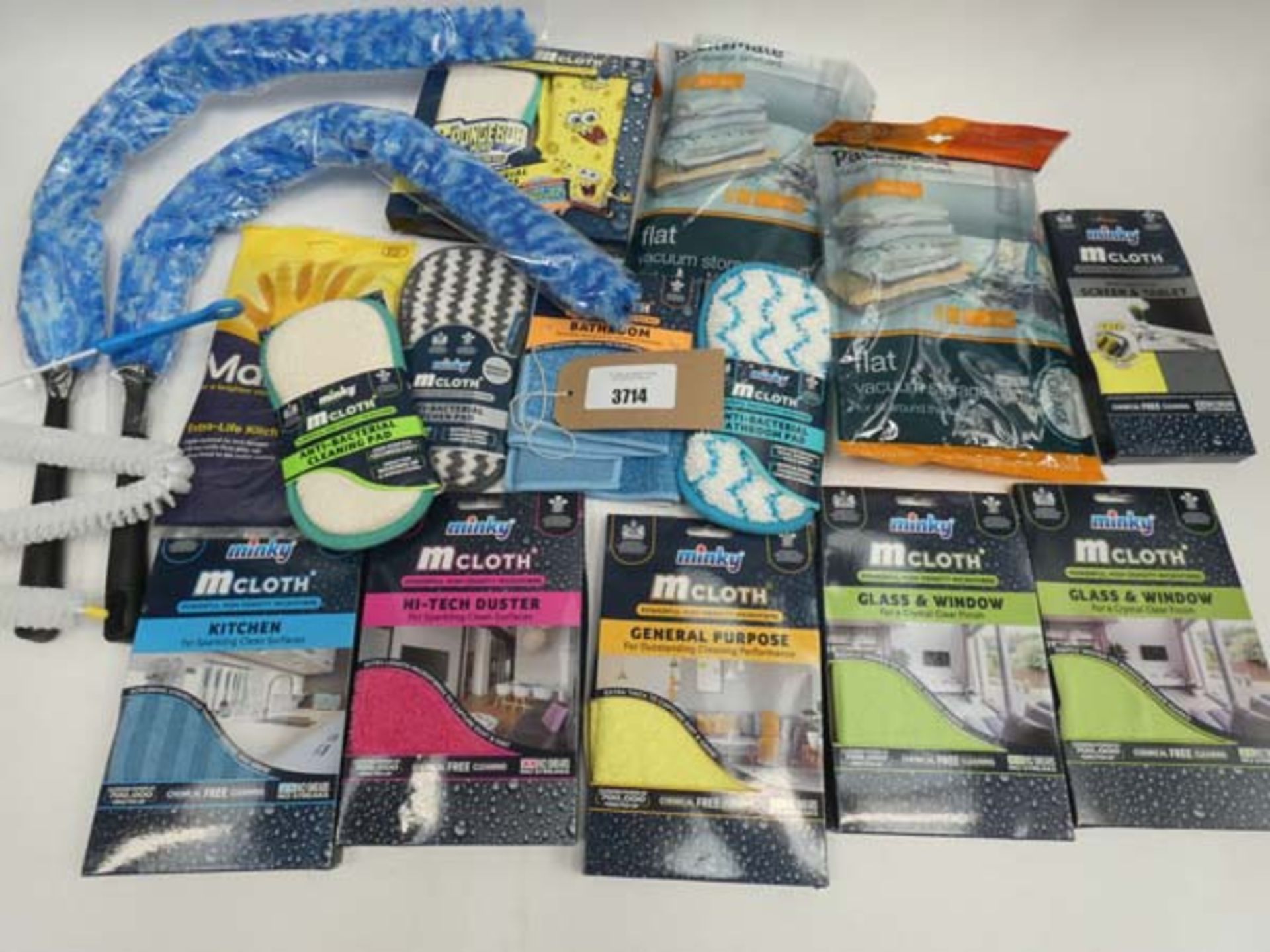 Bag containing cleaning accessories/products; dusters, microfibre cloths, cleaning pads etc