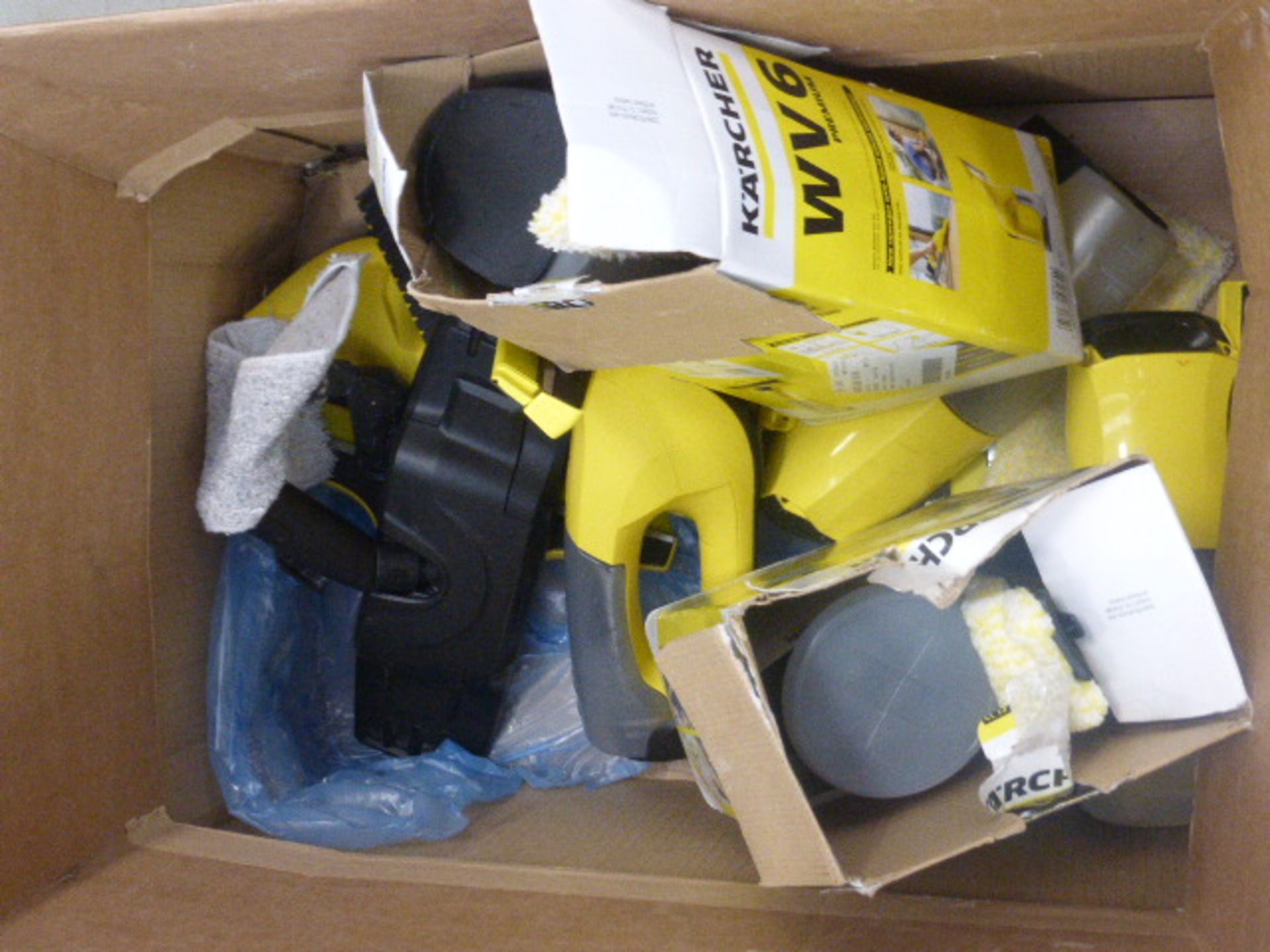 Box containing 3 Karcher window vacs and spares
