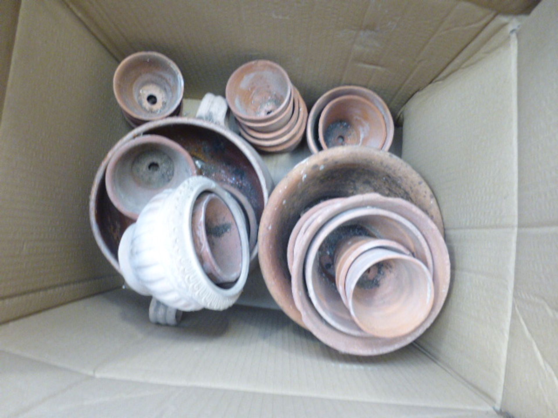 Pallet containing 7 boxes of terracotta pots and small qty of lamps