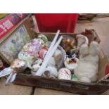 Box containing fluffy toys, ornamental rabbits, Mickey Mouse lidded pot