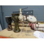 2 metal ornamental avocets plus a jardiniere and a drum
