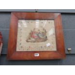 Framed and glazed Victorian sampler depicting mother, daughter and lambs, dated 1847