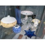 (1) - Quantity of glass dishes incl. white Wedgwood tureen, paperweights, blue cobalt bon bon
