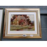 Oleograph of country cottage with garden signed A H Norwood