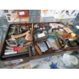 (3) - Tray containing ornamental key, corkscrew, cigarette lights, ornaments, pill boxes and other