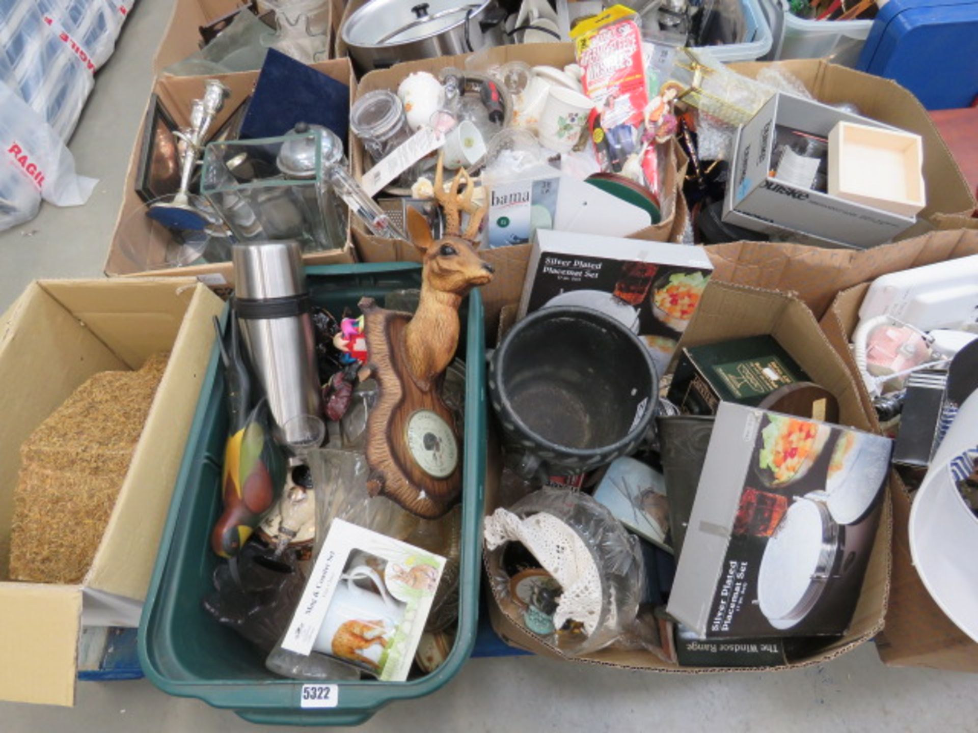 Pallet with 5 boxes containing: barometer, glassware, ornaments, pewter, silver plate and general