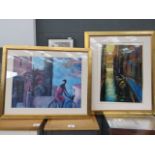 2 large prints of Venetian canal and lady on bicycle
