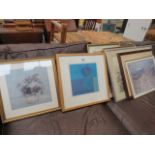 Quantity of prints, to include: country church, abstract in blue, impressionist, Monet print with