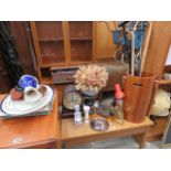 Dome topped mantle clock, brass flat iron, stick stand, table lamp, toby jug, plus ornaments and