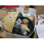 Box containing a mixing bowl, cups, milk jug, sugar shaker and an ornamental pig