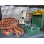 (12) Cage containing a decanter and tumbler plus a Staffordshire dog and 3 bags