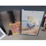 Oil on canvas of beach chairs and umbrellas, modern print with Turkish buildings, photographic print