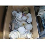 Box containing general crockery and glass tumblers