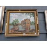 Oil on board; house and mill pond