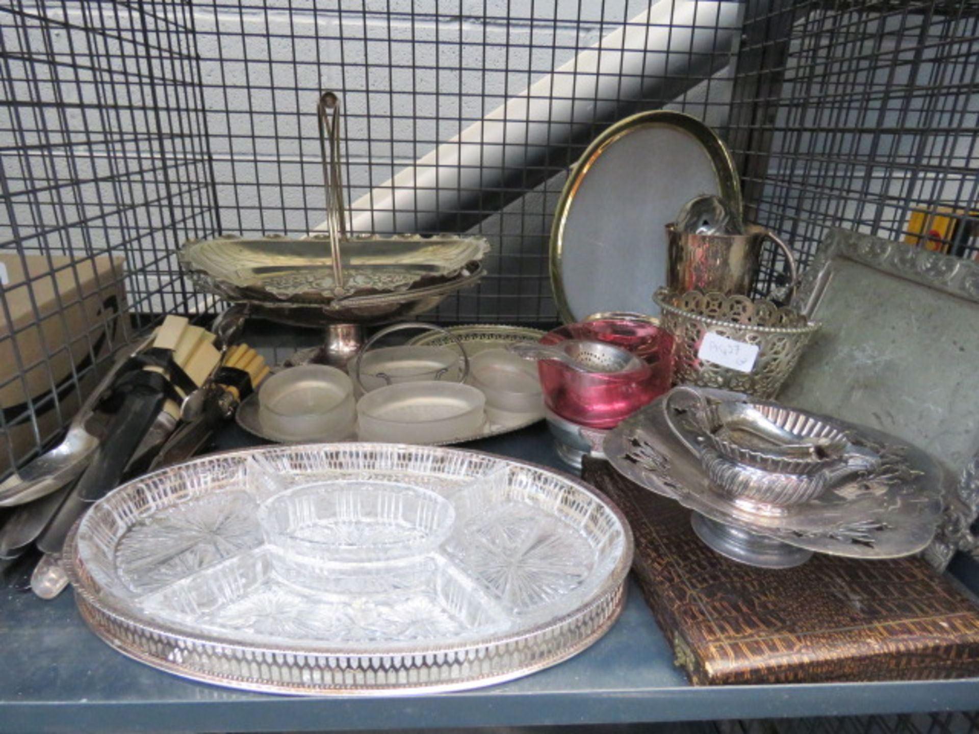 (2) Cage containing silver plated bon bon dishes, trays, loose cutlery and a picture frame